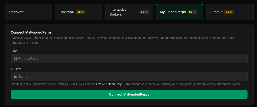 The Connect MyFundedPerps card in Tradervana with an API key field.
