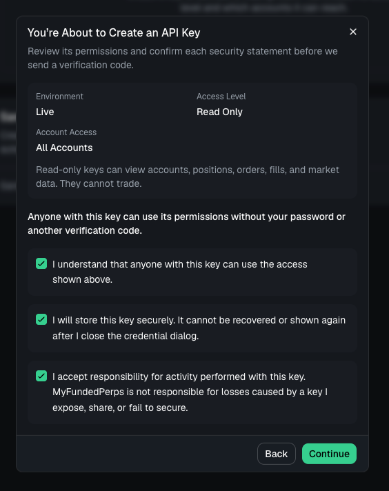 MyFundedPerps' review step listing the access the key will have, with the confirmation statements.