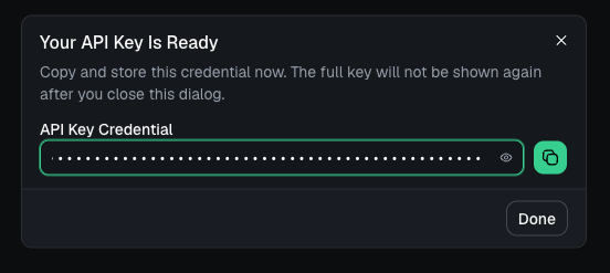 The key created dialog, with the API key hidden and Copy API Key and Show API Key buttons.