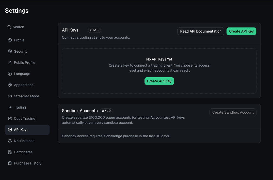 MyFundedPerps Settings with API Keys selected in the left menu and the Create API Key button.