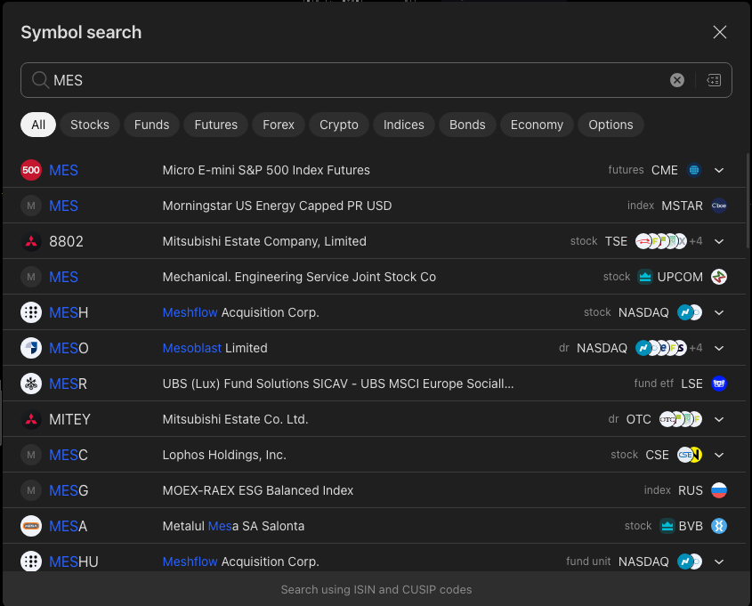 TradingView's symbol search window with MES typed in; the first result is Micro E-mini S&P 500 Index Futures, tagged futures on CME.