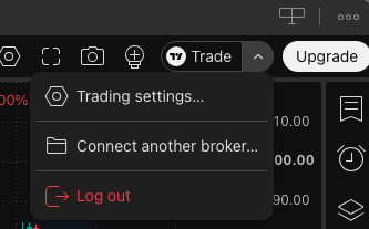 The dropdown beside TradingView's Trade button showing Trading settings, Connect another broker and Log out.