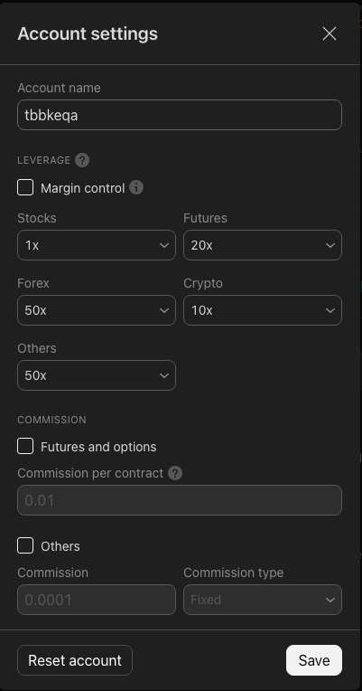 TradingView's Account settings window showing the account name, leverage and margin control, futures commission per contract, and the Reset account and Save buttons.