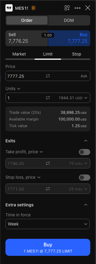 The TradingView order ticket for MES1! with Market, Limit and Stop tabs, a Units field set to 1, Take profit and Stop loss toggles under Exits, and a Buy button.